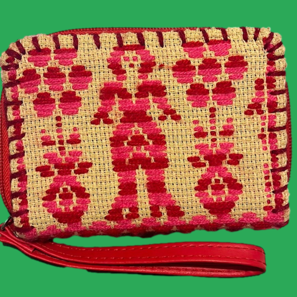 Pink and Red Crochet Boho wallet with red strap